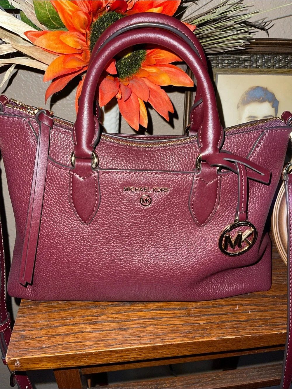 NWOT MICHAEL KORS Small Burgundy Pebbled Leather Satchel with Gold Hardware